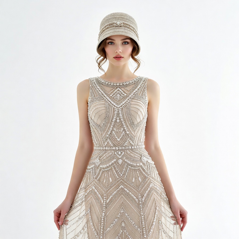 Woman in Beaded Flapper Dress and Cloche Hat Woman in Beaded Flapper Dress and Cloche Hat