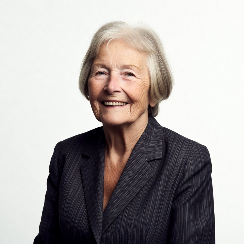 Elderly woman smiling in pinstripe suit Elderly woman smiling in pinstripe suit