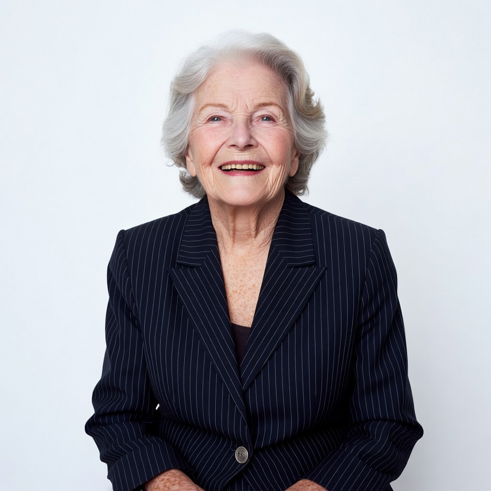 Elderly woman smiling in pinstripe suit Elderly woman smiling in pinstripe suit