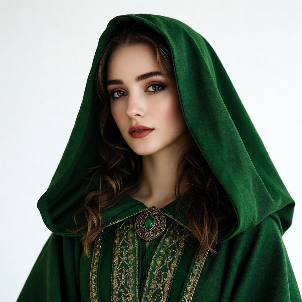 Woman in green hooded cloak Woman in green hooded cloak