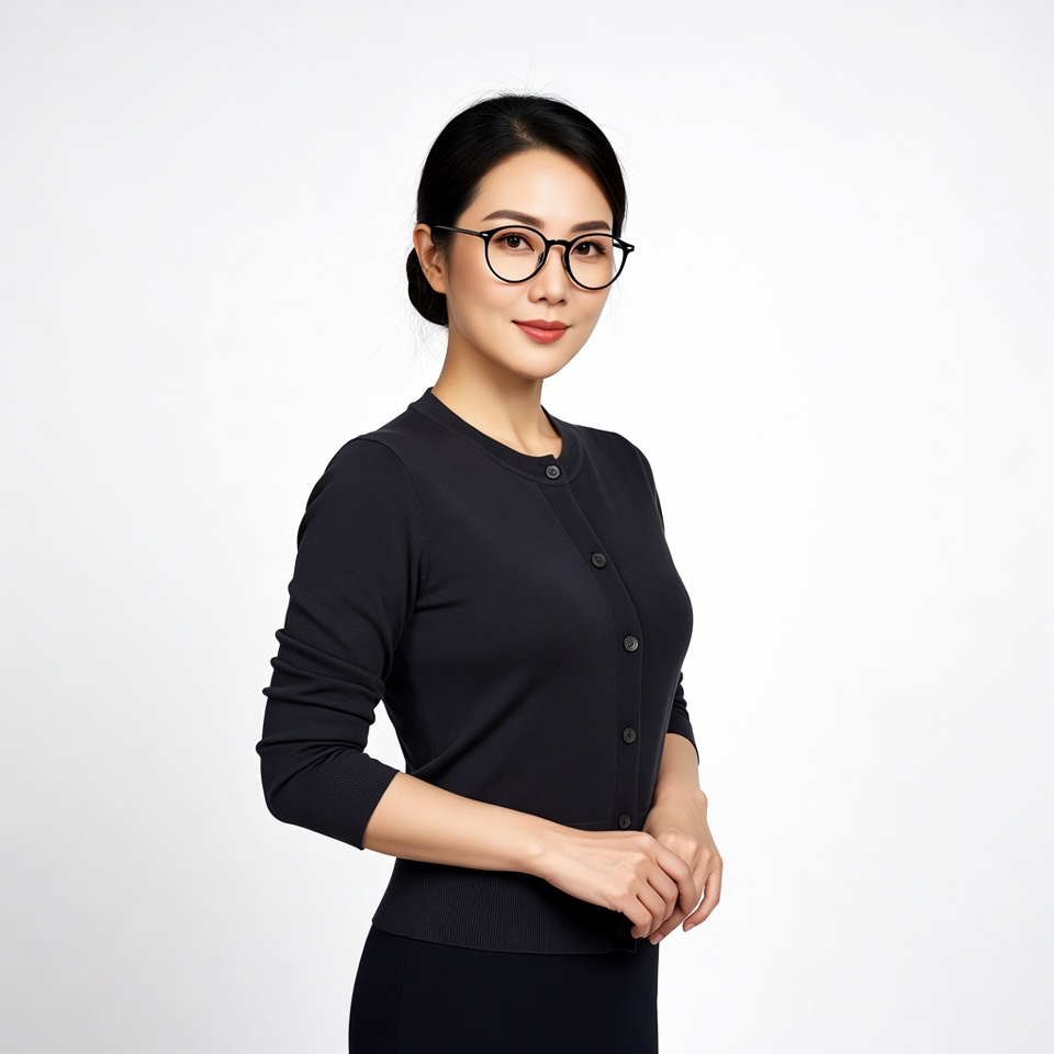 Asian woman in black cardigan glasses Asian woman in black cardigan glasses