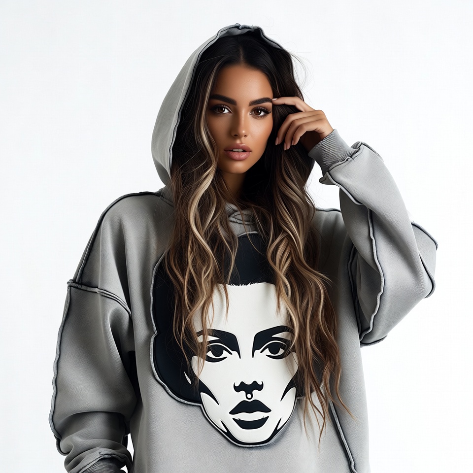 Woman in gray hoodie with face print Woman in gray hoodie with face print