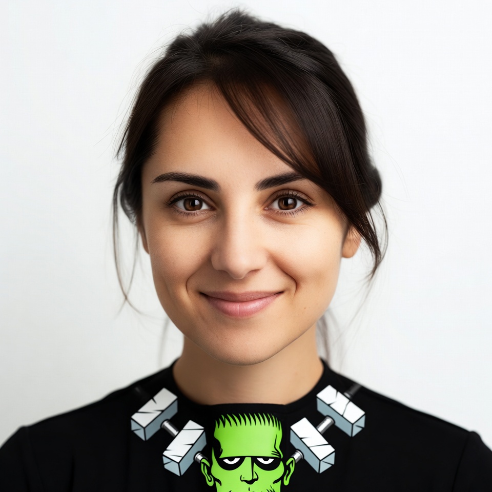 Smiling woman in Frankenstein shirt Smiling woman in Frankenstein shirt