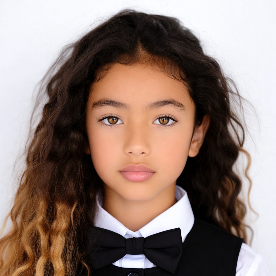 Young girl in black bowtie uniform Young girl in black bowtie uniform