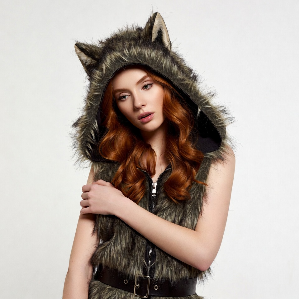 Redhead woman in wolf fur hood Redhead woman in wolf fur hood