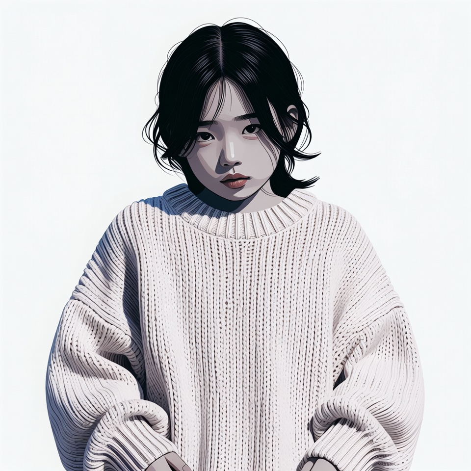 Asian girl in oversized white sweater Asian girl in oversized white sweater