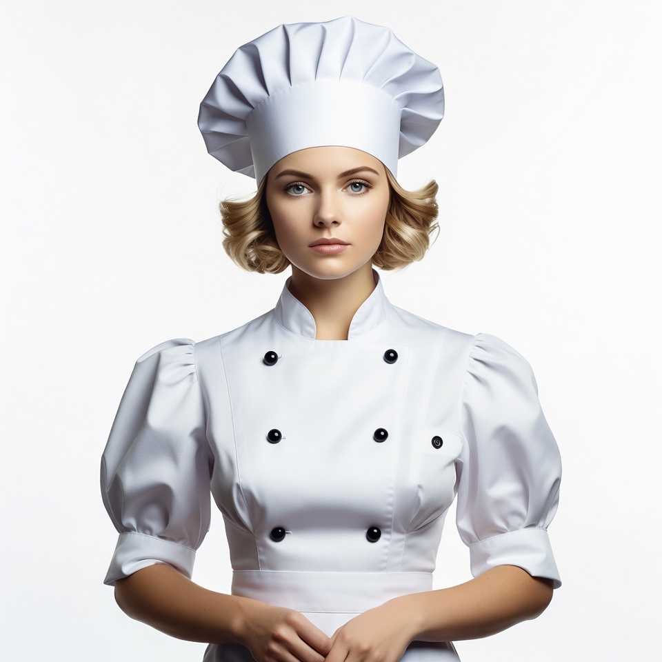 Woman wearing chef hat and uniform Woman wearing chef hat and uniform