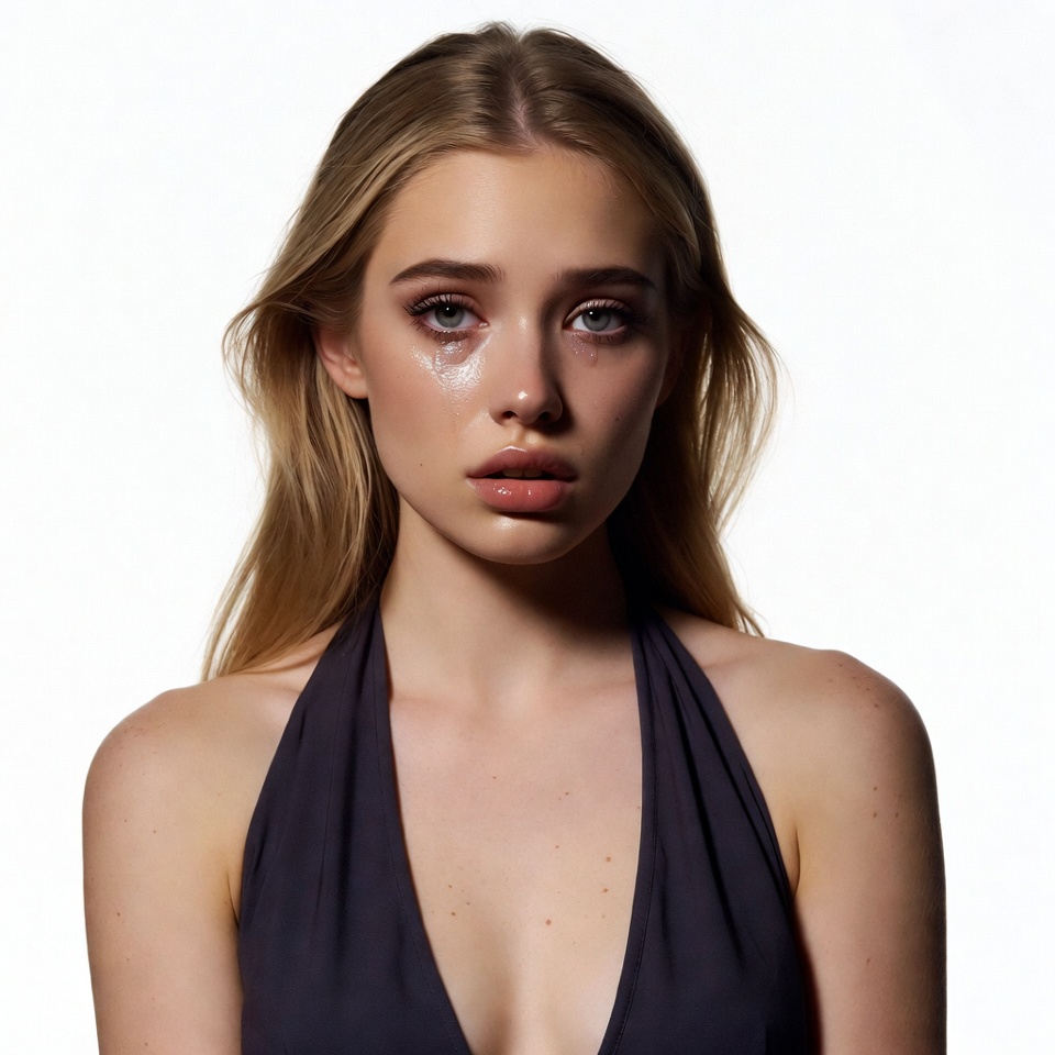 Blonde woman crying on white background Blonde woman crying on white background