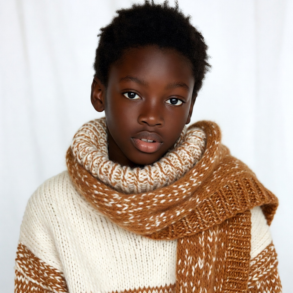 African boy in knitted sweater and scarf African boy in knitted sweater and scarf