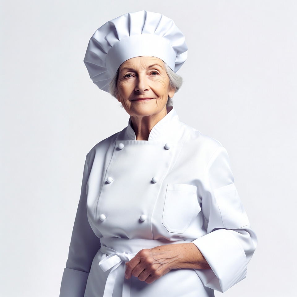 Elderly woman wearing chef uniform Elderly woman wearing chef uniform