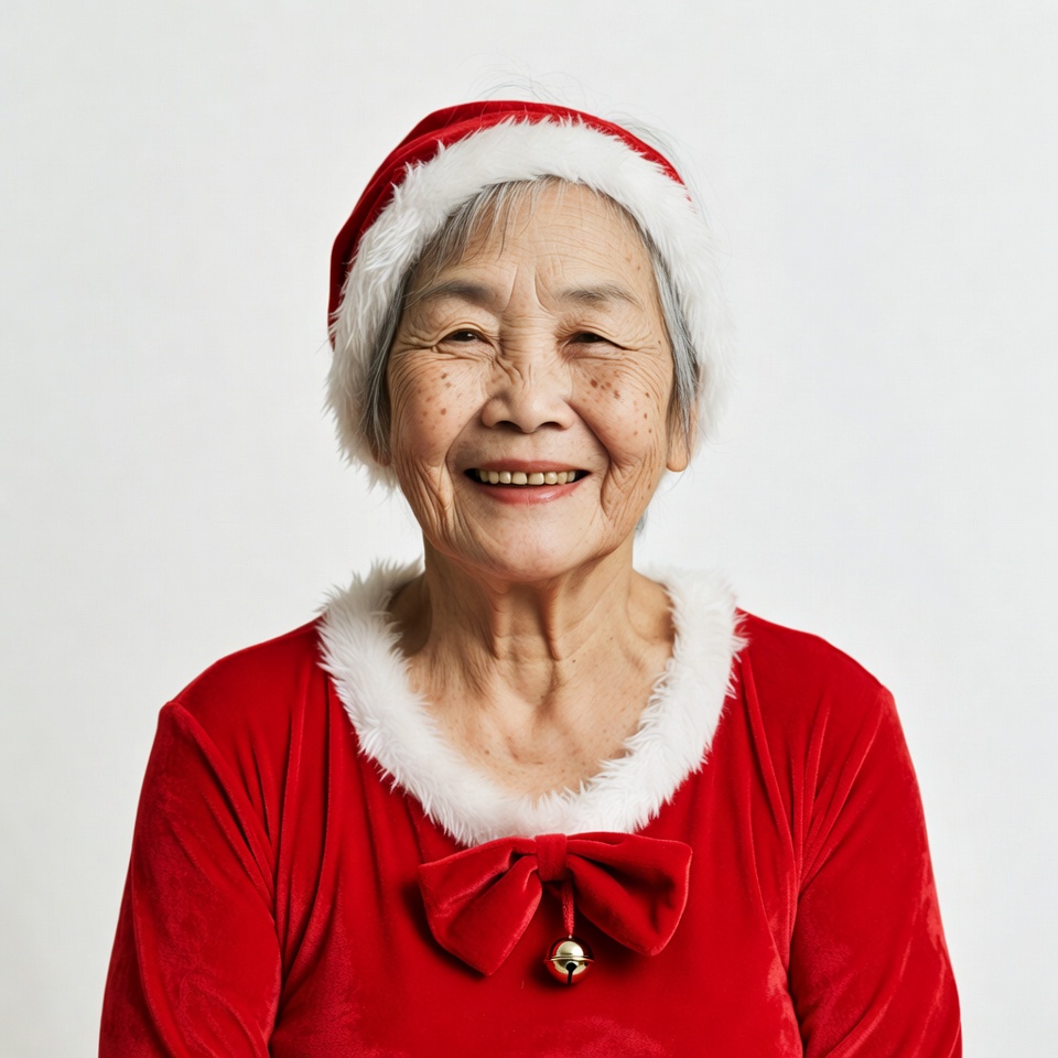 Asian elderly woman in Santa hat Asian elderly woman in Santa hat