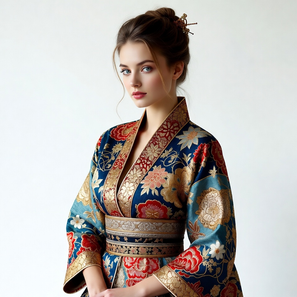 Woman in ornate blue kimono Woman in ornate blue kimono