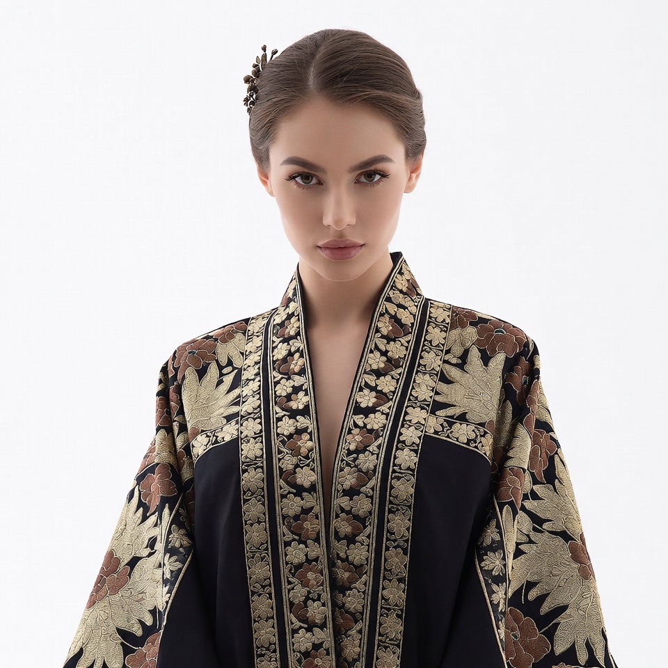 Woman in embroidered kimono jacket Woman in embroidered kimono jacket