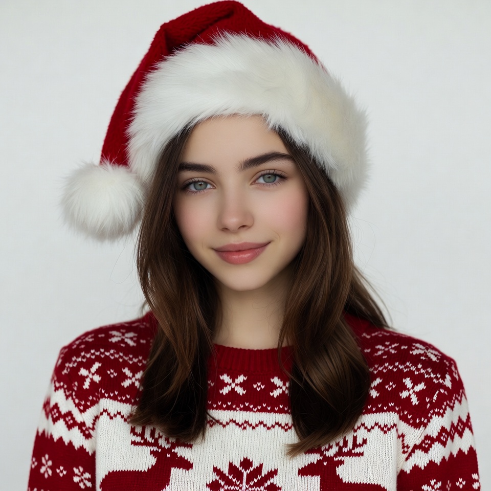 Girl wearing Santa hat and reindeer sweater Girl wearing Santa hat and reindeer sweater