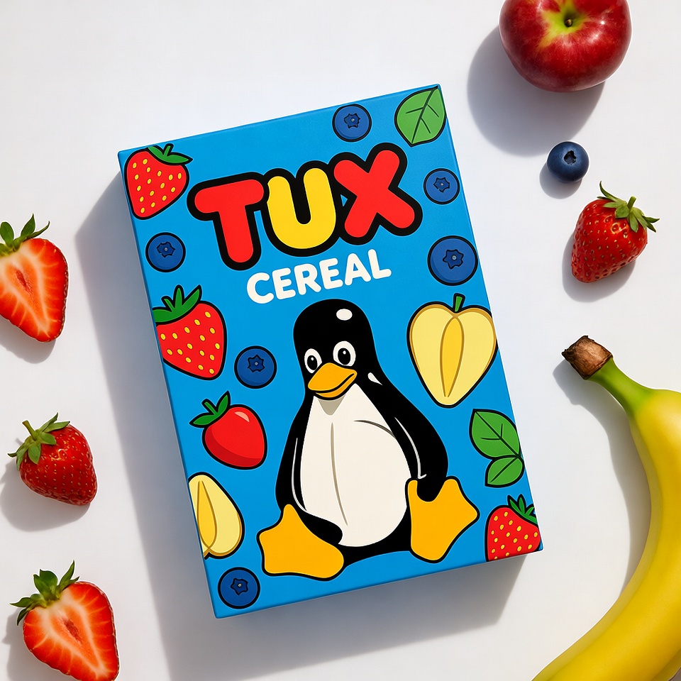 Tux Cereal Box with Fruits Tux Cereal Box with Fruits