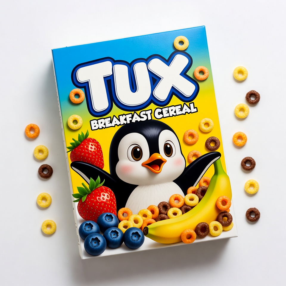 Tux Breakfast Cereal Box with Penguin Tux Breakfast Cereal Box with Penguin