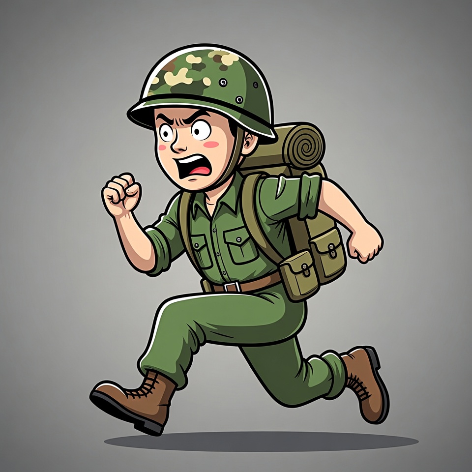 Cartoon soldier running with backpack Cartoon soldier running with backpack