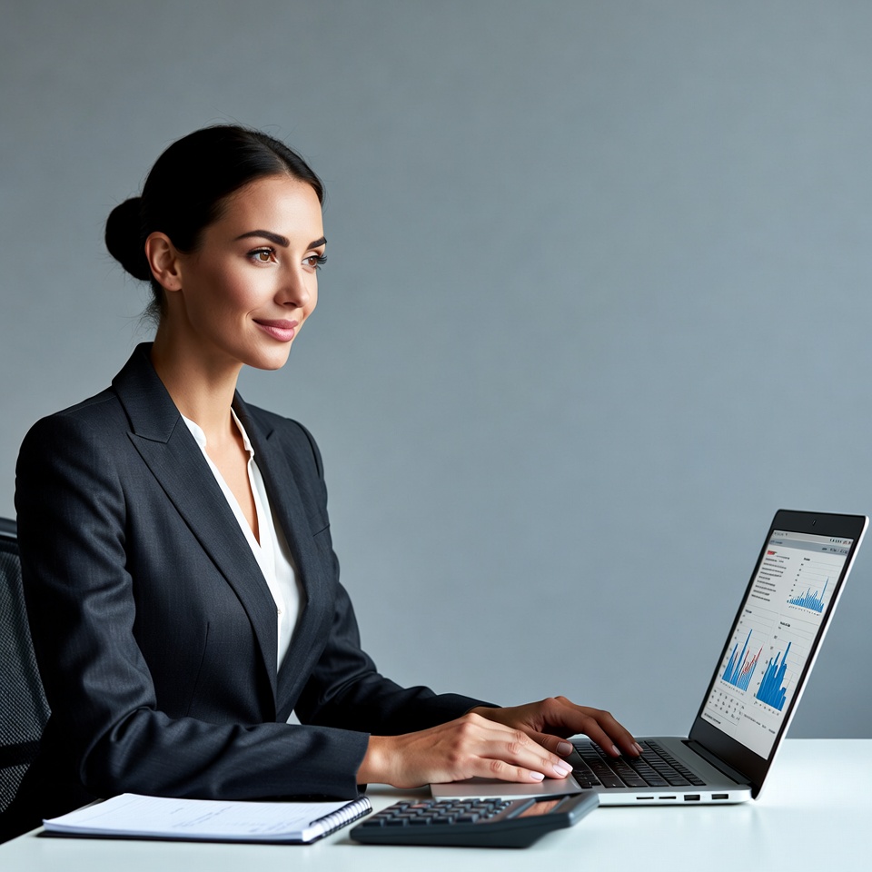 Woman working on laptop with calculator Woman working on laptop with calculator