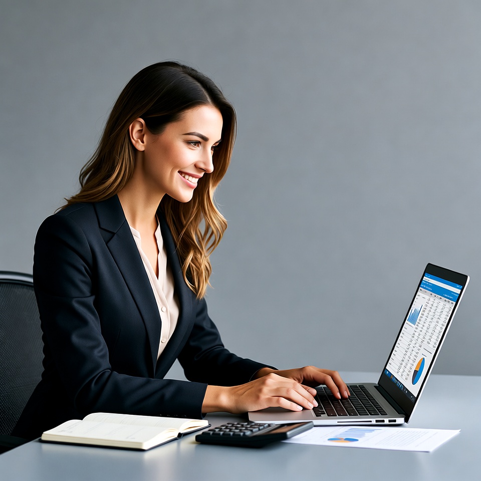 Woman working on laptop with charts Woman working on laptop with charts