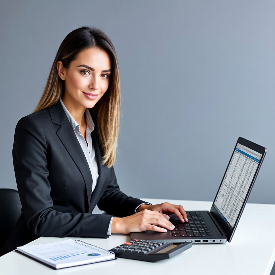Woman working on laptop with calculator Woman working on laptop with calculator