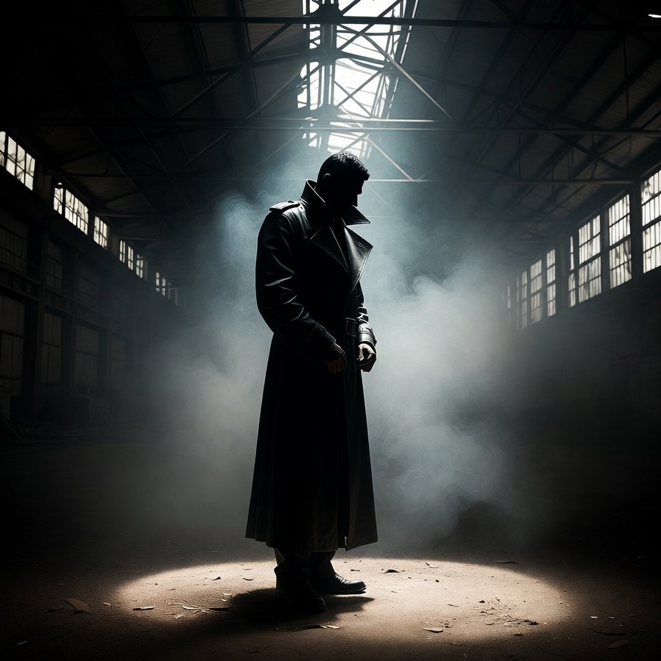 Man in trench coat in foggy warehouse Man in trench coat in foggy warehouse