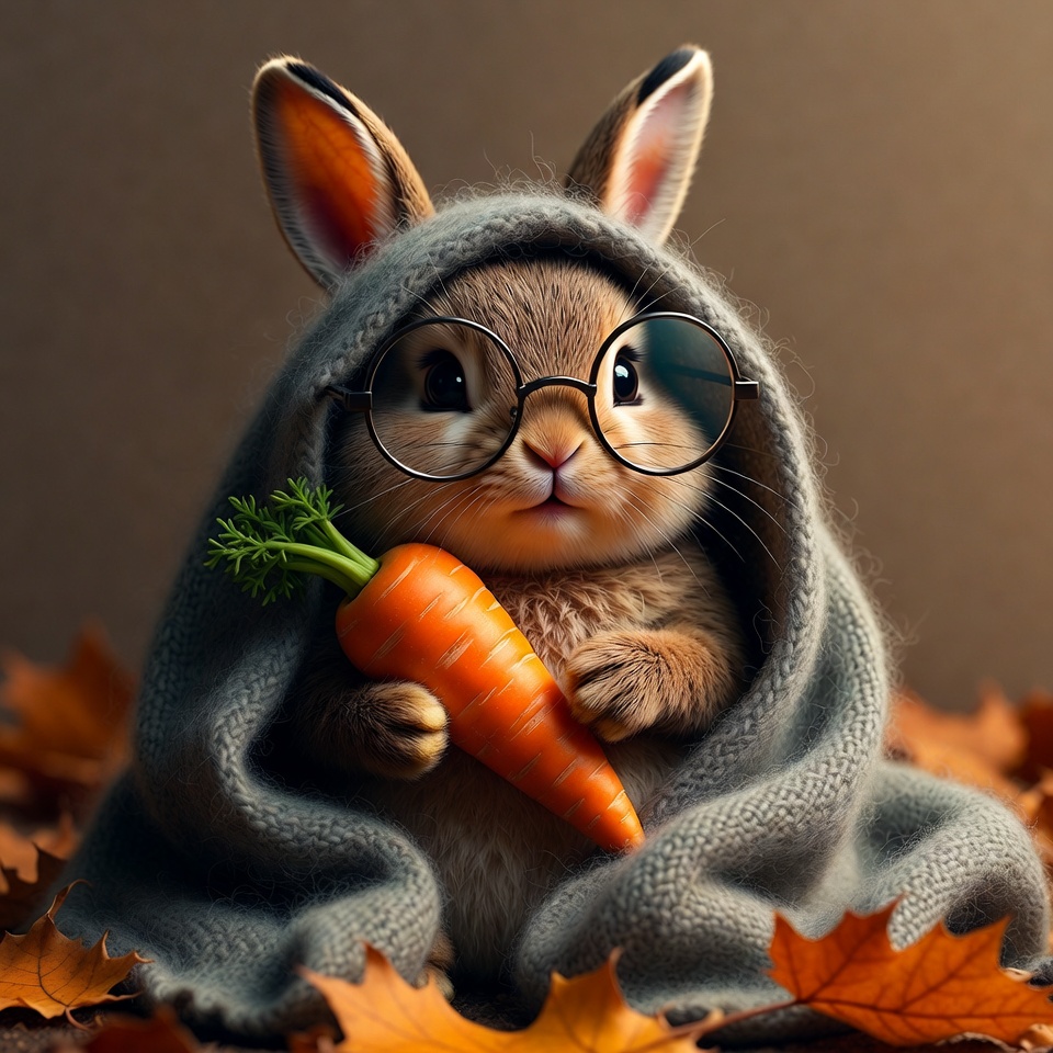 Cute bunny holding carrot in glasses Cute bunny holding carrot in glasses