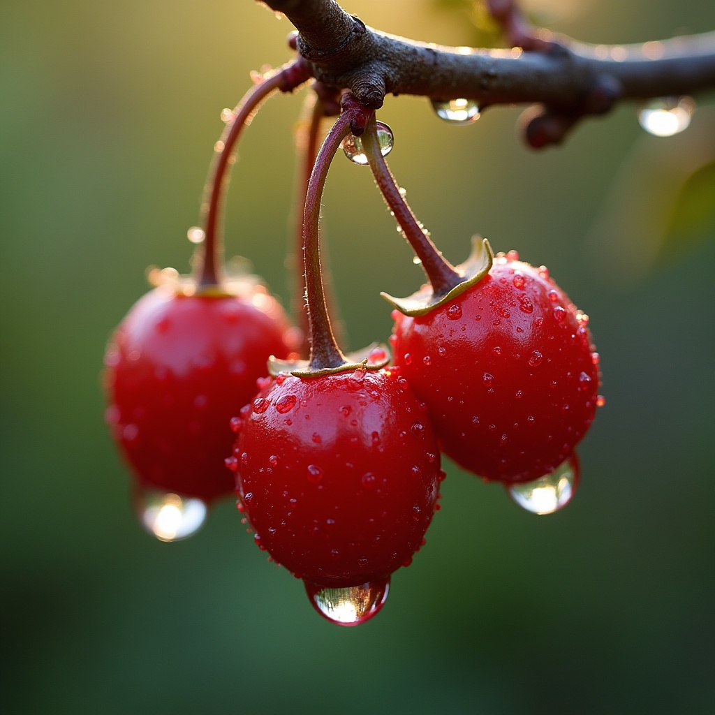 Red berries with dew on branch Red berries with dew on branch