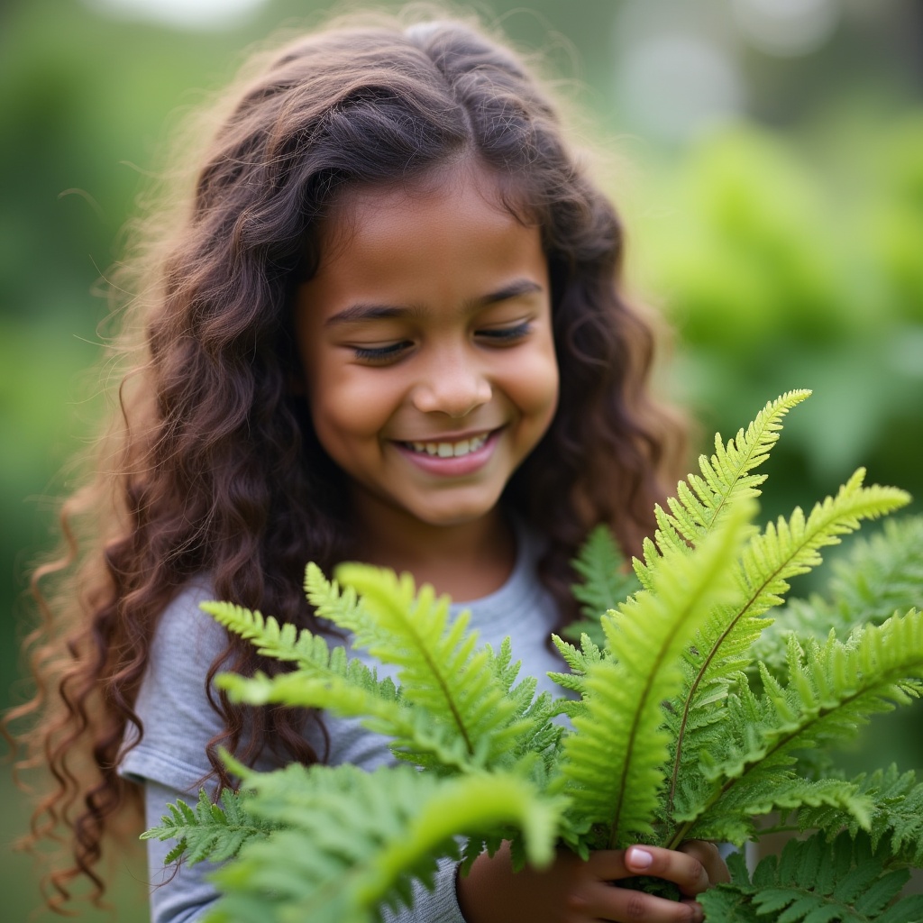 Young girl holding green fern Young girl holding green fern
