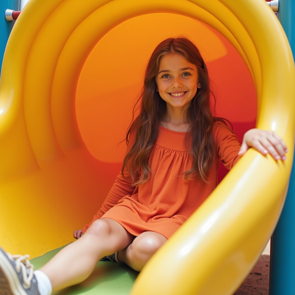 Girl smiling in yellow playground slide Girl smiling in yellow playground slide