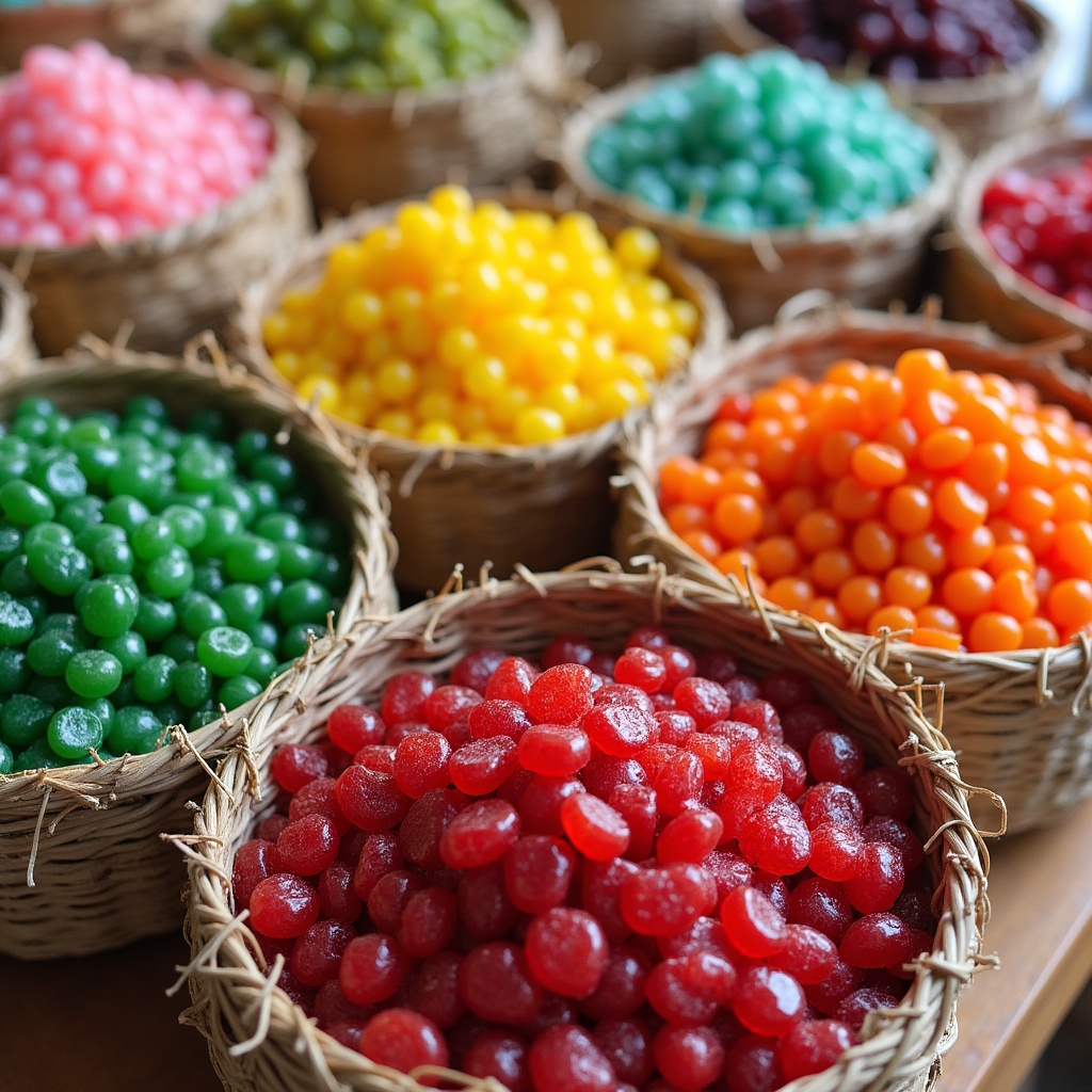 Colorful Candies in Woven Baskets Colorful Candies in Woven Baskets