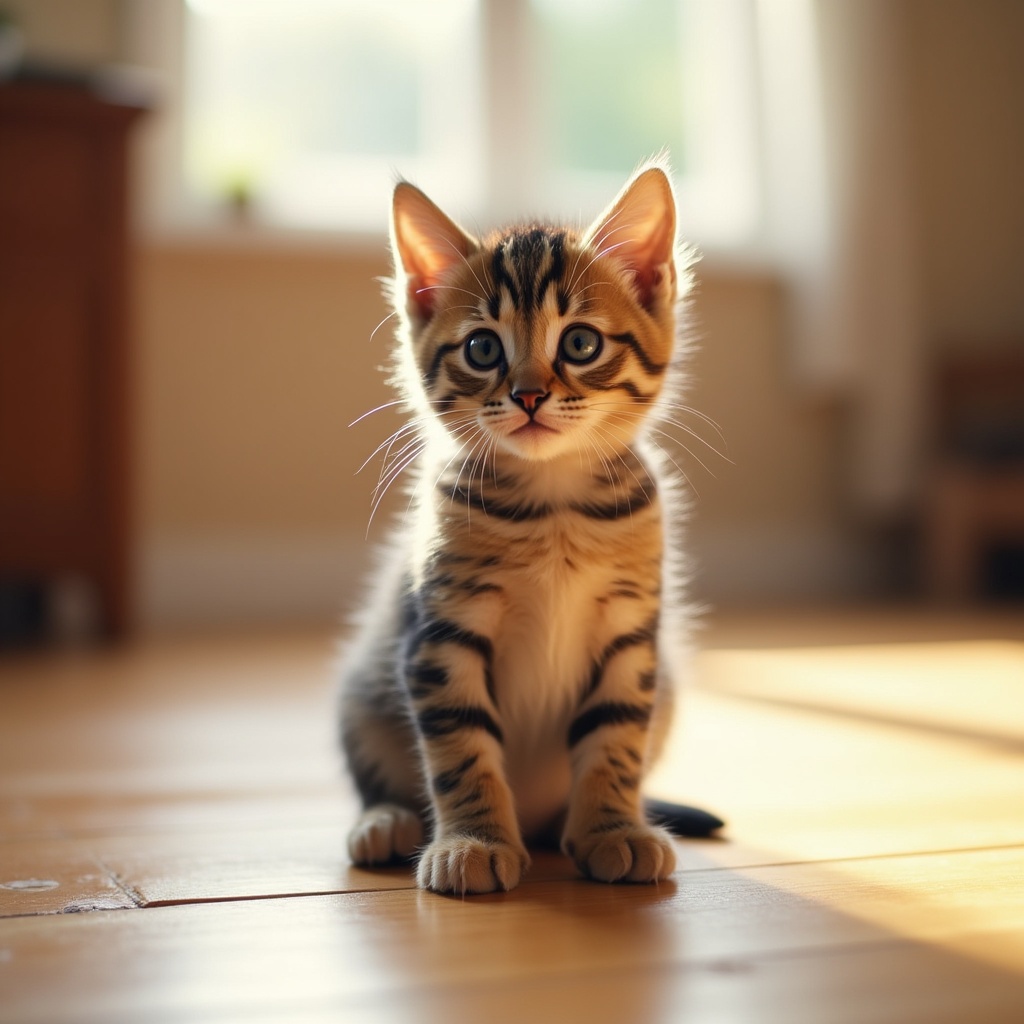 Cute tabby kitten sitting on floor Cute tabby kitten sitting on floor