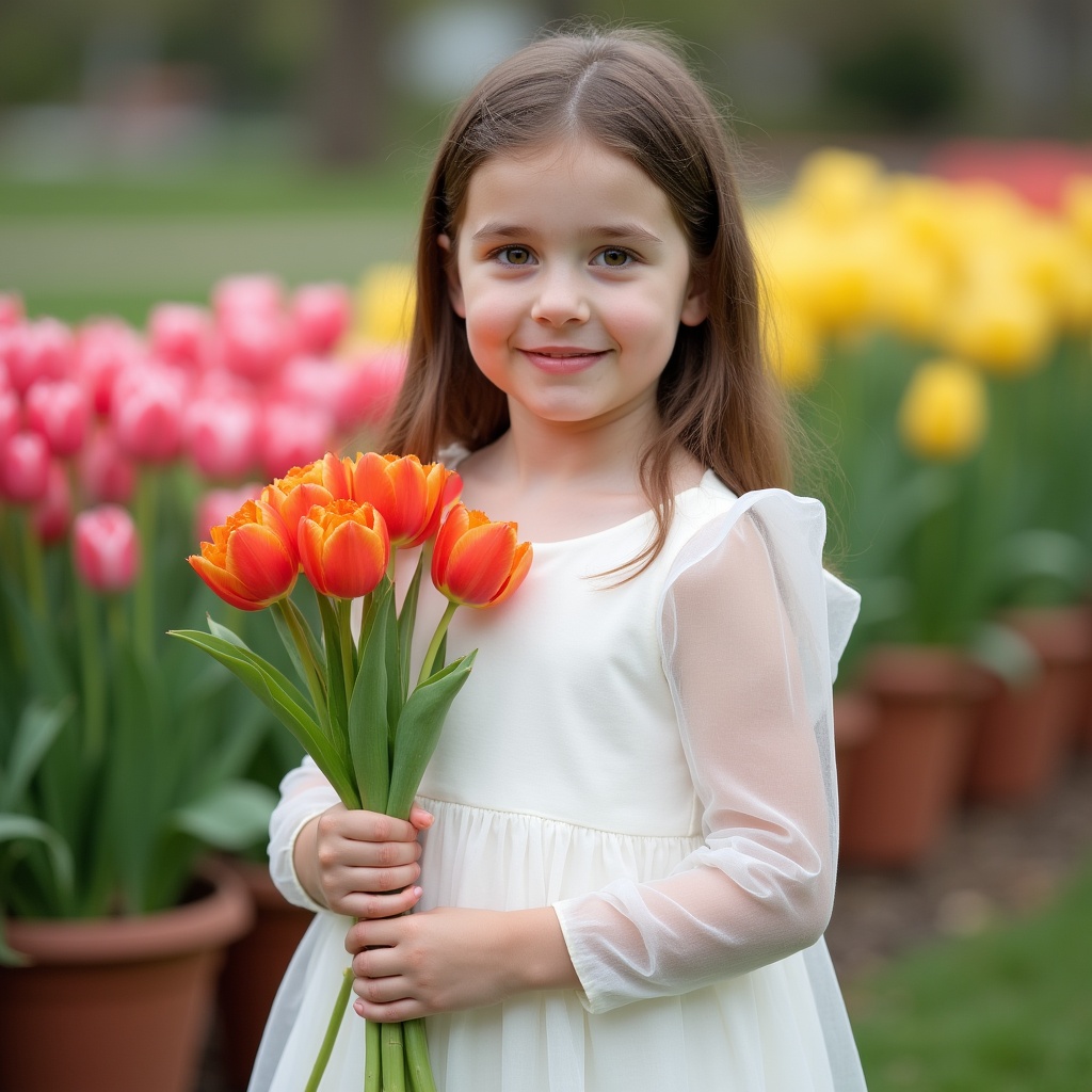 Girl holding orange tulips in garden Girl holding orange tulips in garden