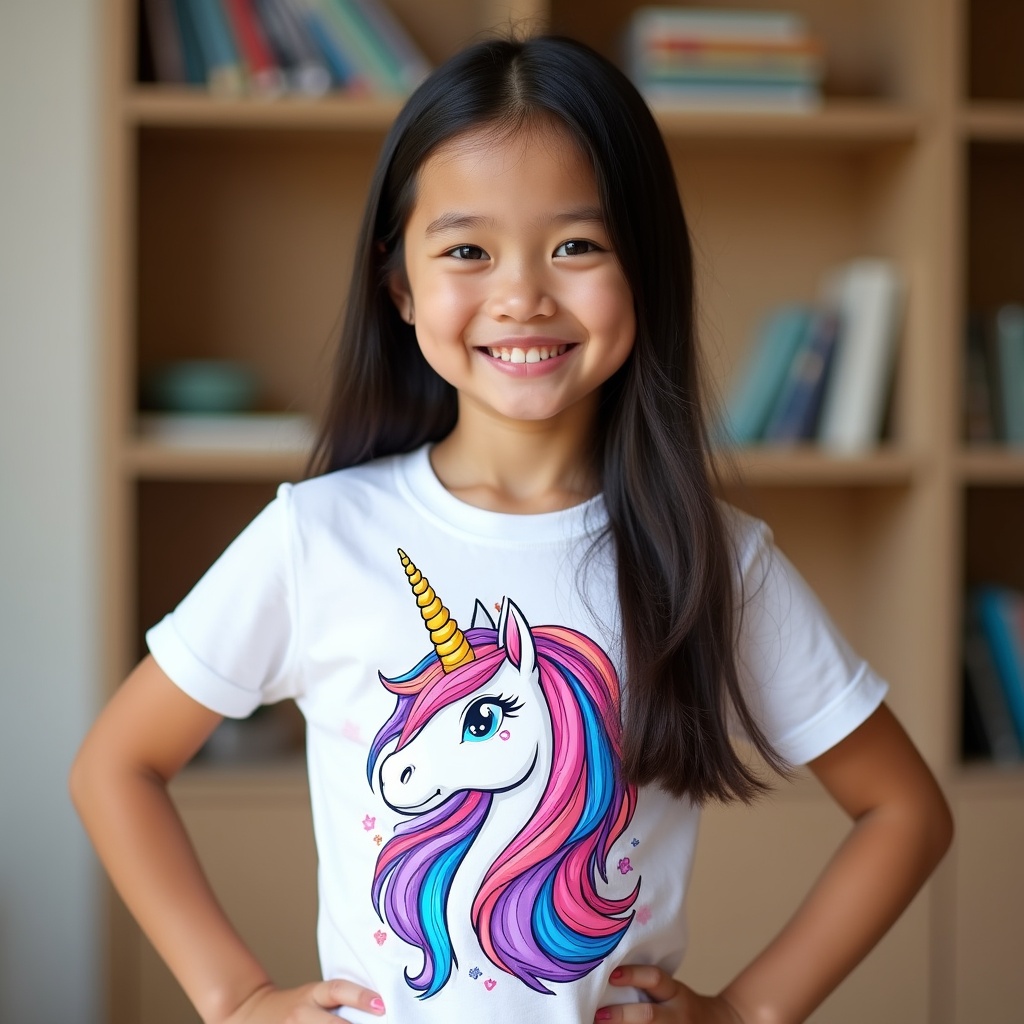 Asian girl in unicorn t-shirt smiling Asian girl in unicorn t-shirt smiling