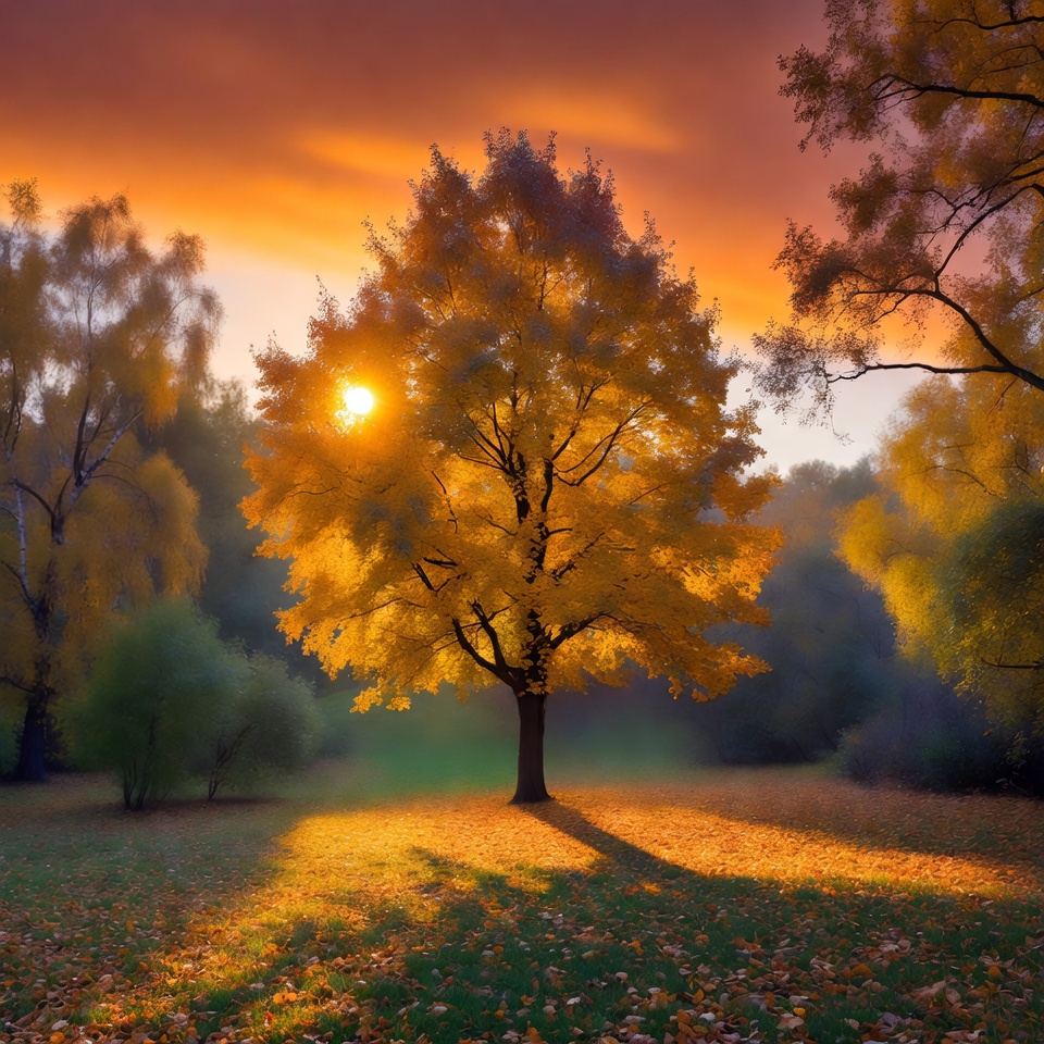 Golden Autumn Tree in Sunset Forest Golden Autumn Tree in Sunset Forest