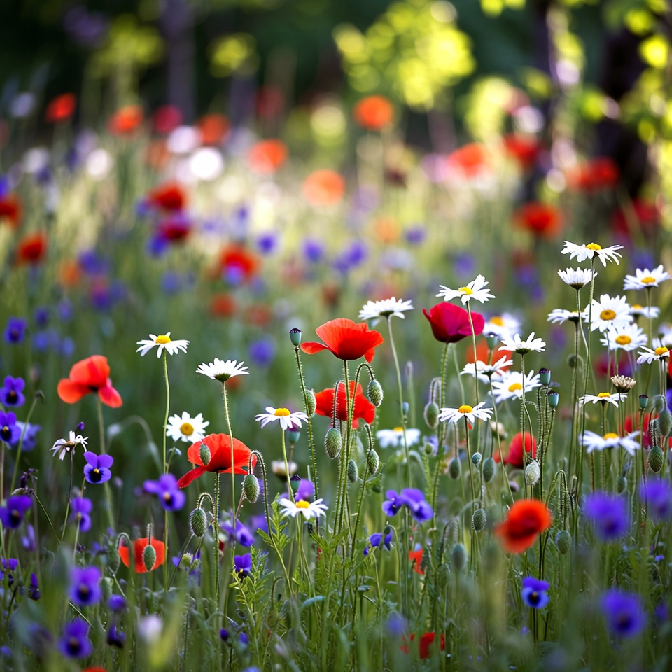 Vibrant Poppy and Daisy Wildflower Field Vibrant Poppy and Daisy Wildflower Field