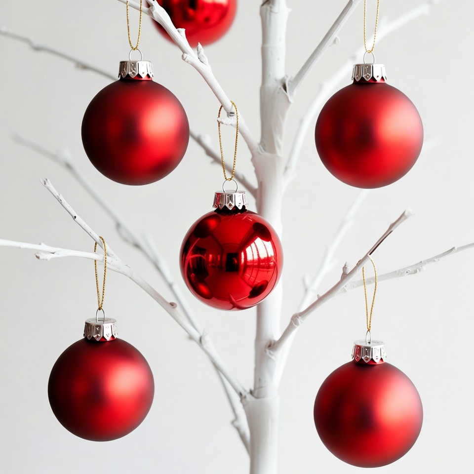 Red Christmas Ornaments on White Tree Red Christmas Ornaments on White Tree