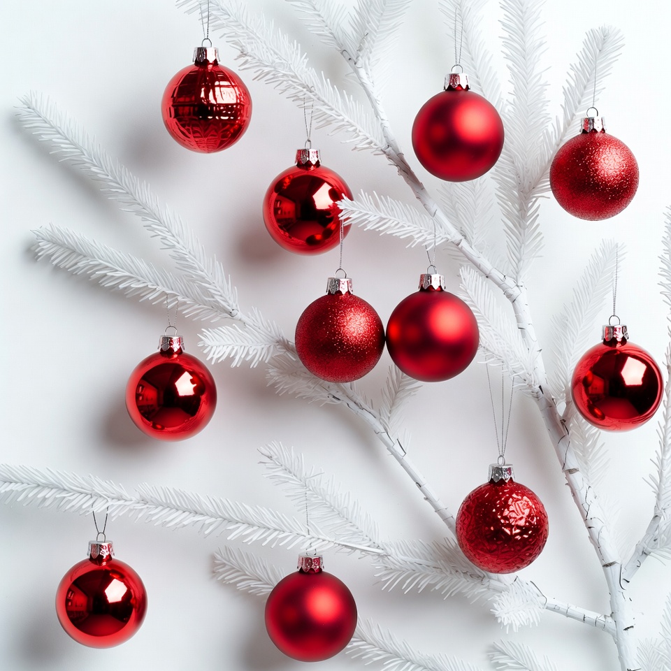 Red Christmas Ornaments on White Branches Red Christmas Ornaments on White Branches
