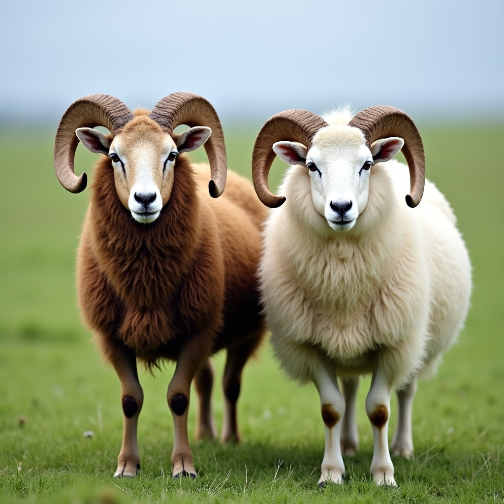 Brown and white rams standing in grass Brown and white rams standing in grass