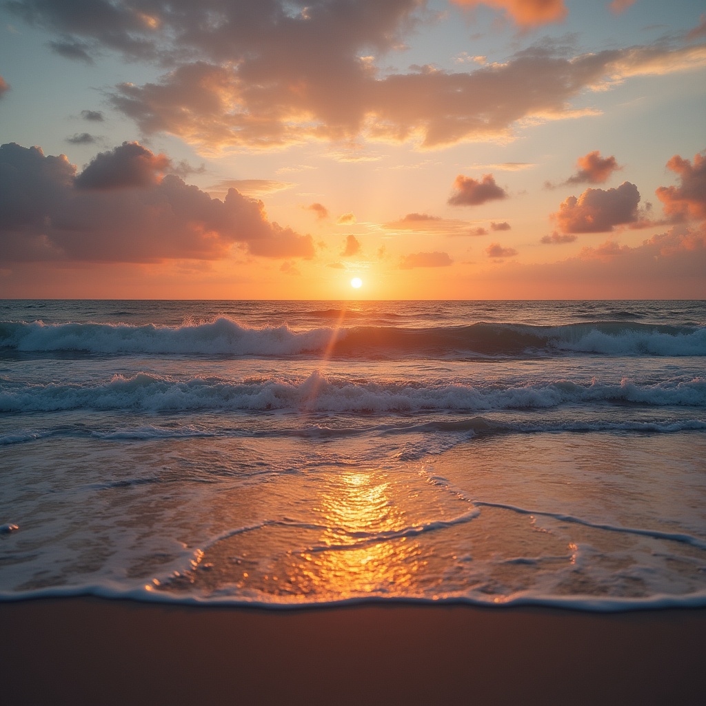 Sunset over ocean waves on beach Sunset over ocean waves on beach
