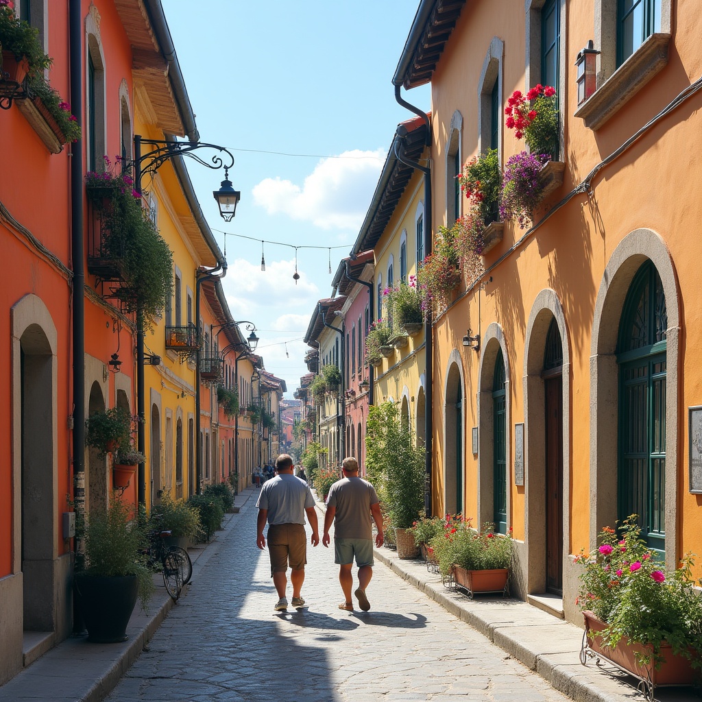 Two men walking colorful narrow street Two men walking colorful narrow street