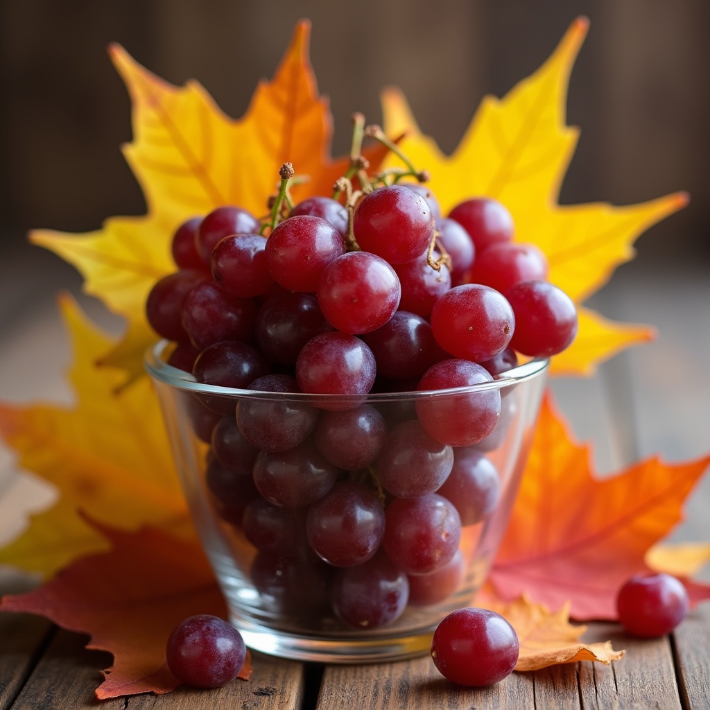 Red Grapes in Glass Bowl with Autumn Leaves Red Grapes in Glass Bowl with Autumn Leaves