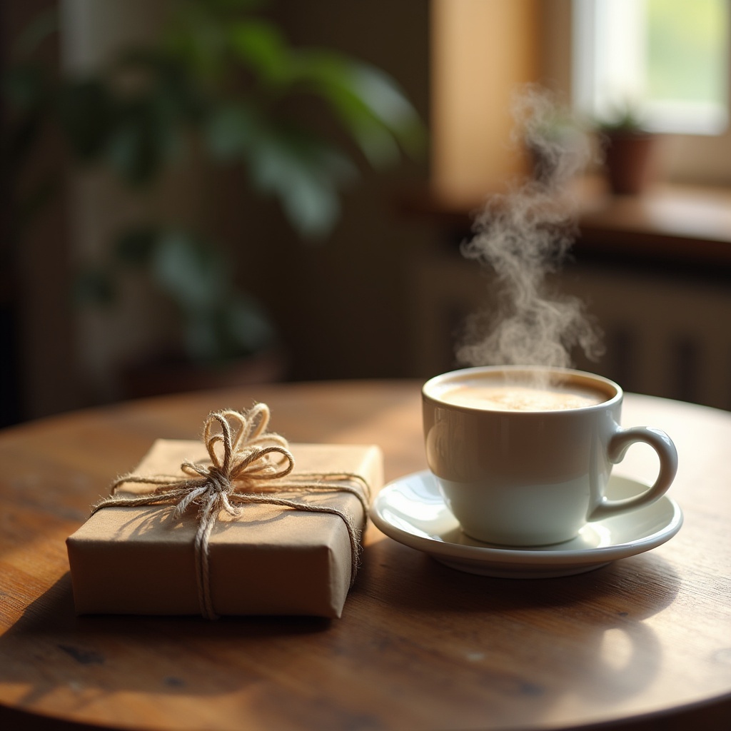 Steaming Coffee Cup and Gift Box Steaming Coffee Cup and Gift Box