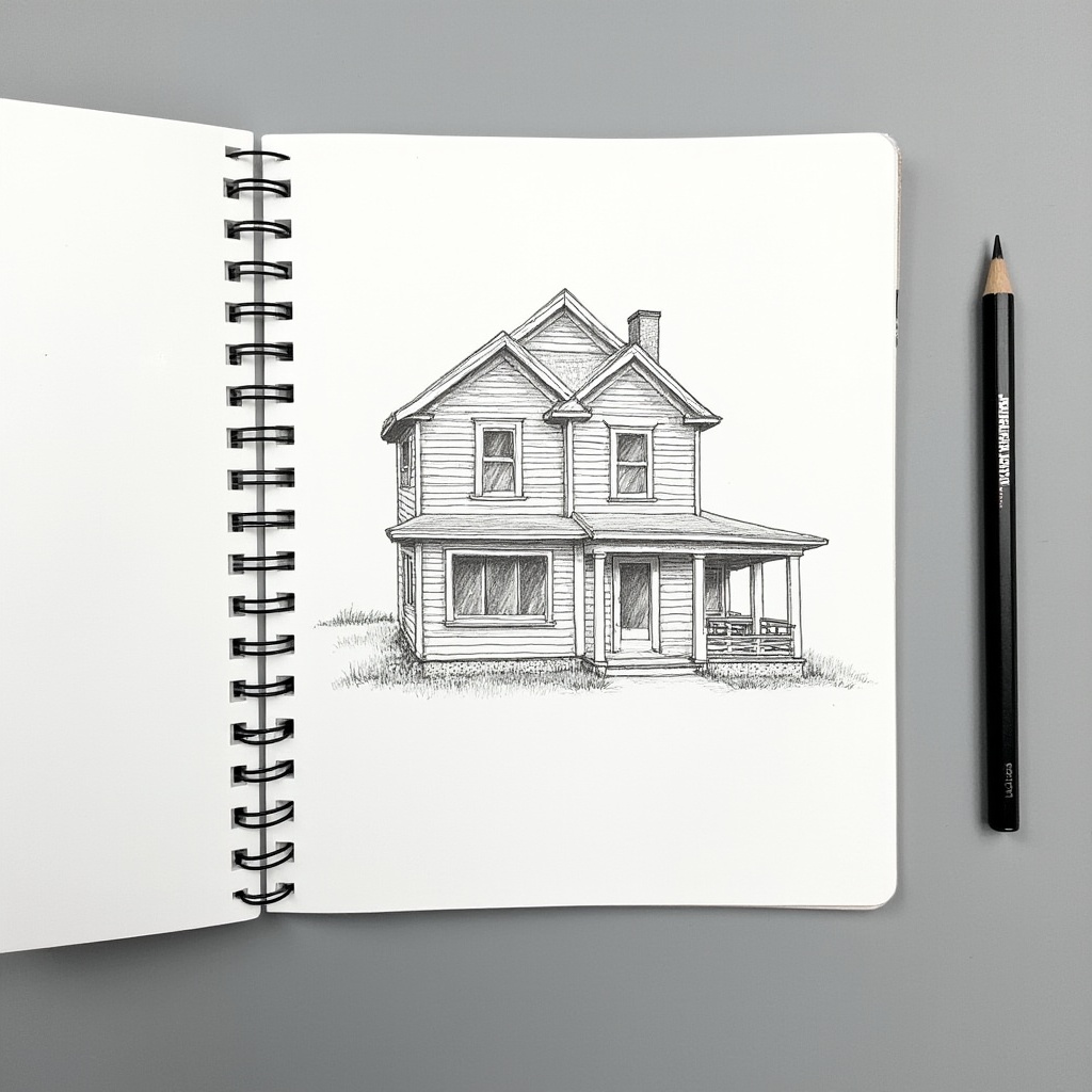 Pencil Sketch of House in Sketchbook Pencil Sketch of House in Sketchbook
