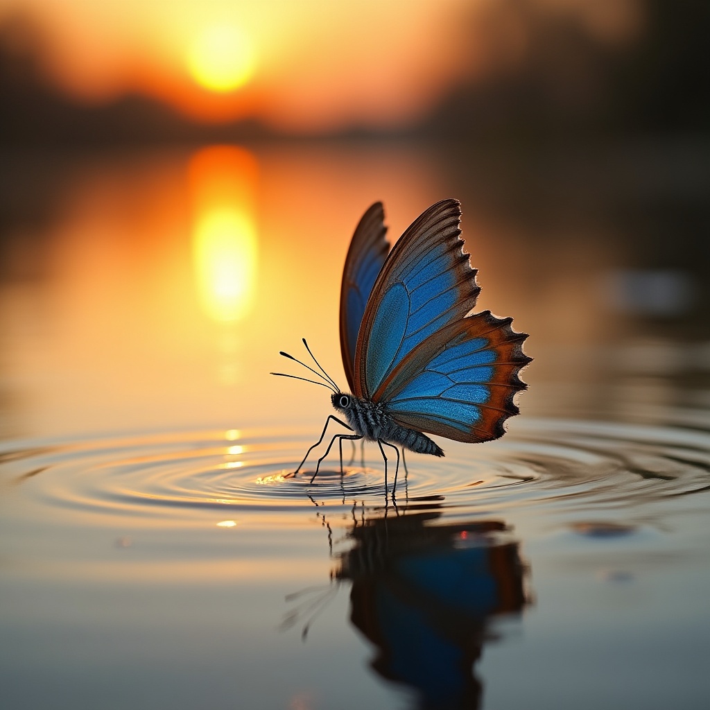 Blue Butterfly on Water at Sunset Blue Butterfly on Water at Sunset