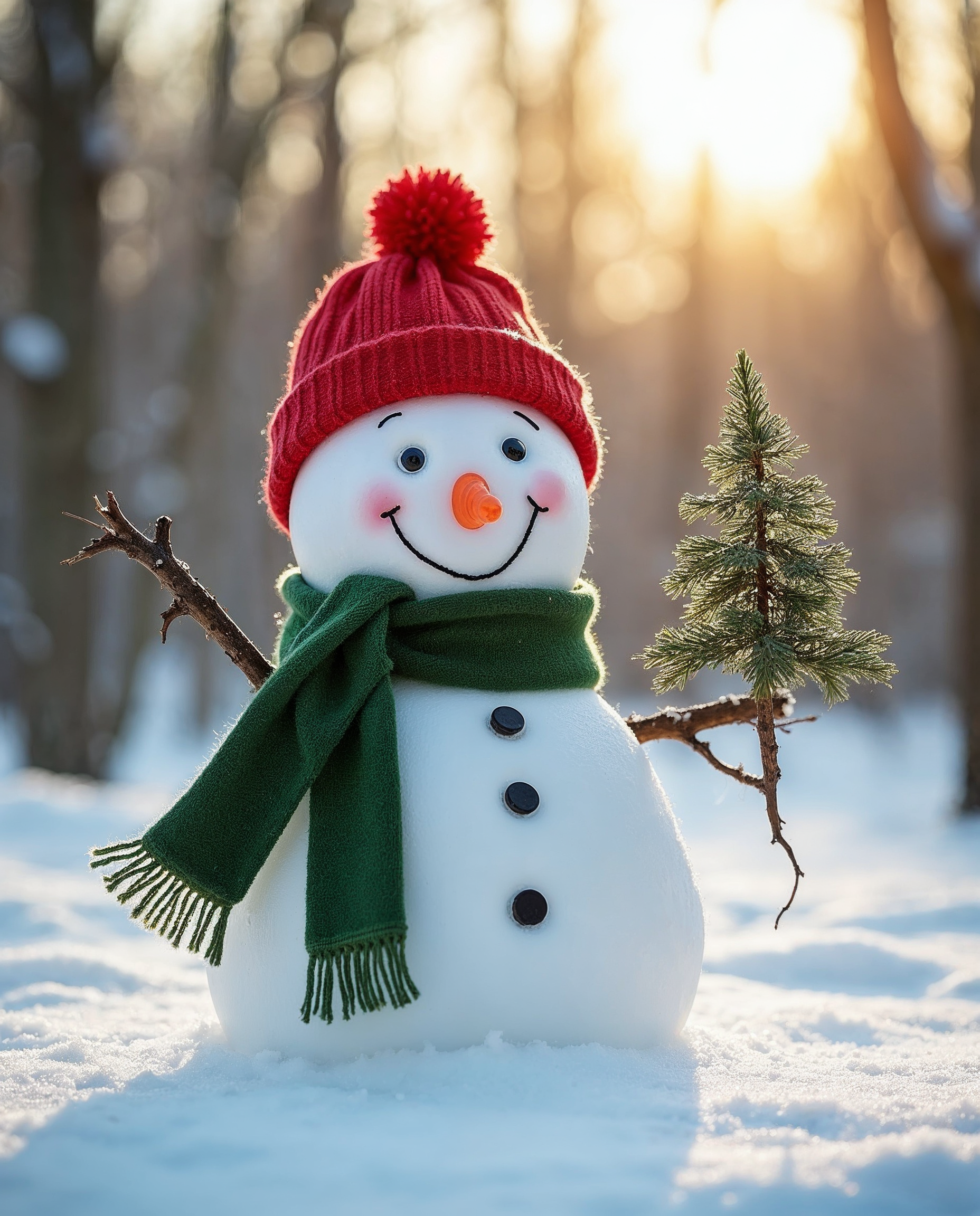 Snowman with scarf holding Christmas tree Snowman with scarf holding Christmas tree