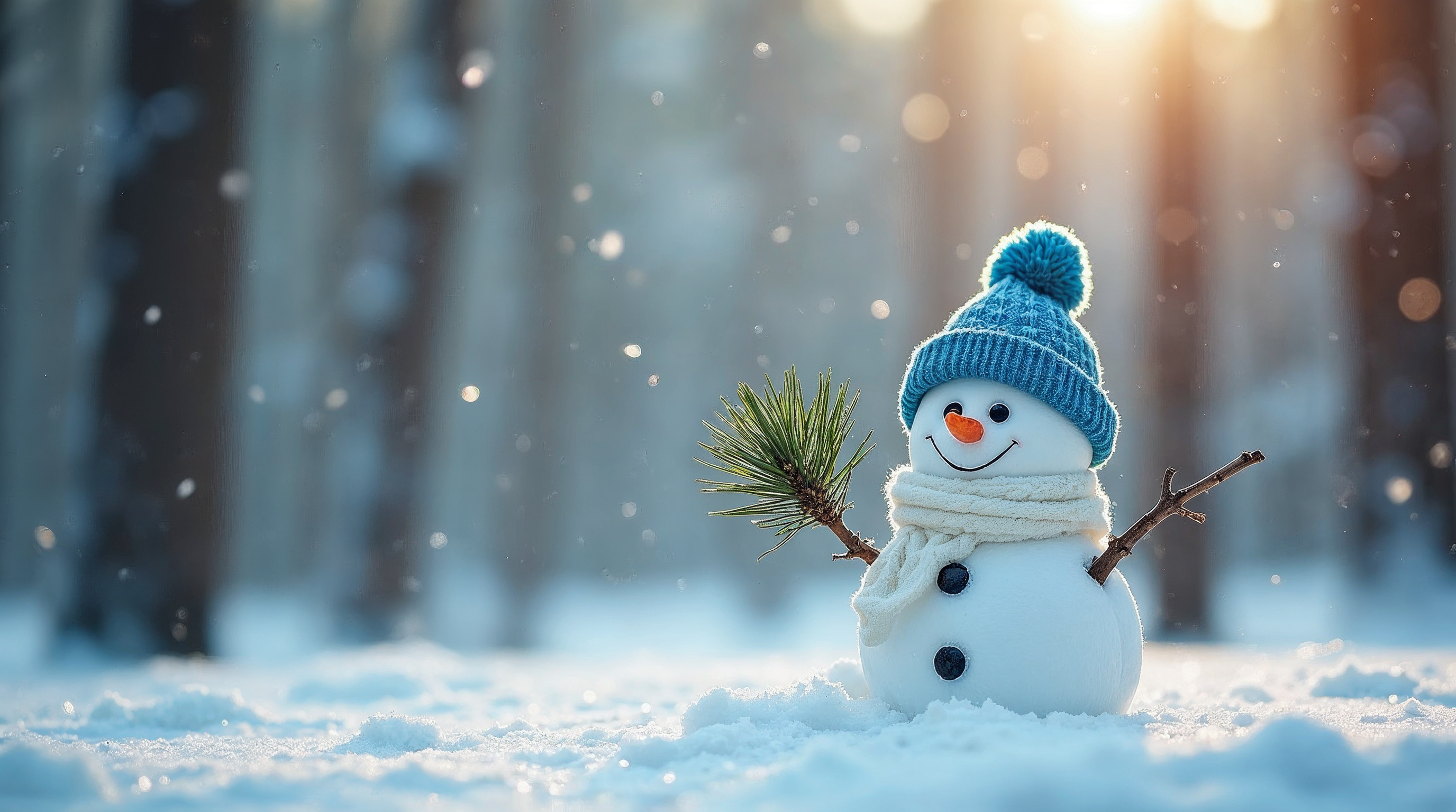 Snowman with scarf in snowy forest Snowman with scarf in snowy forest