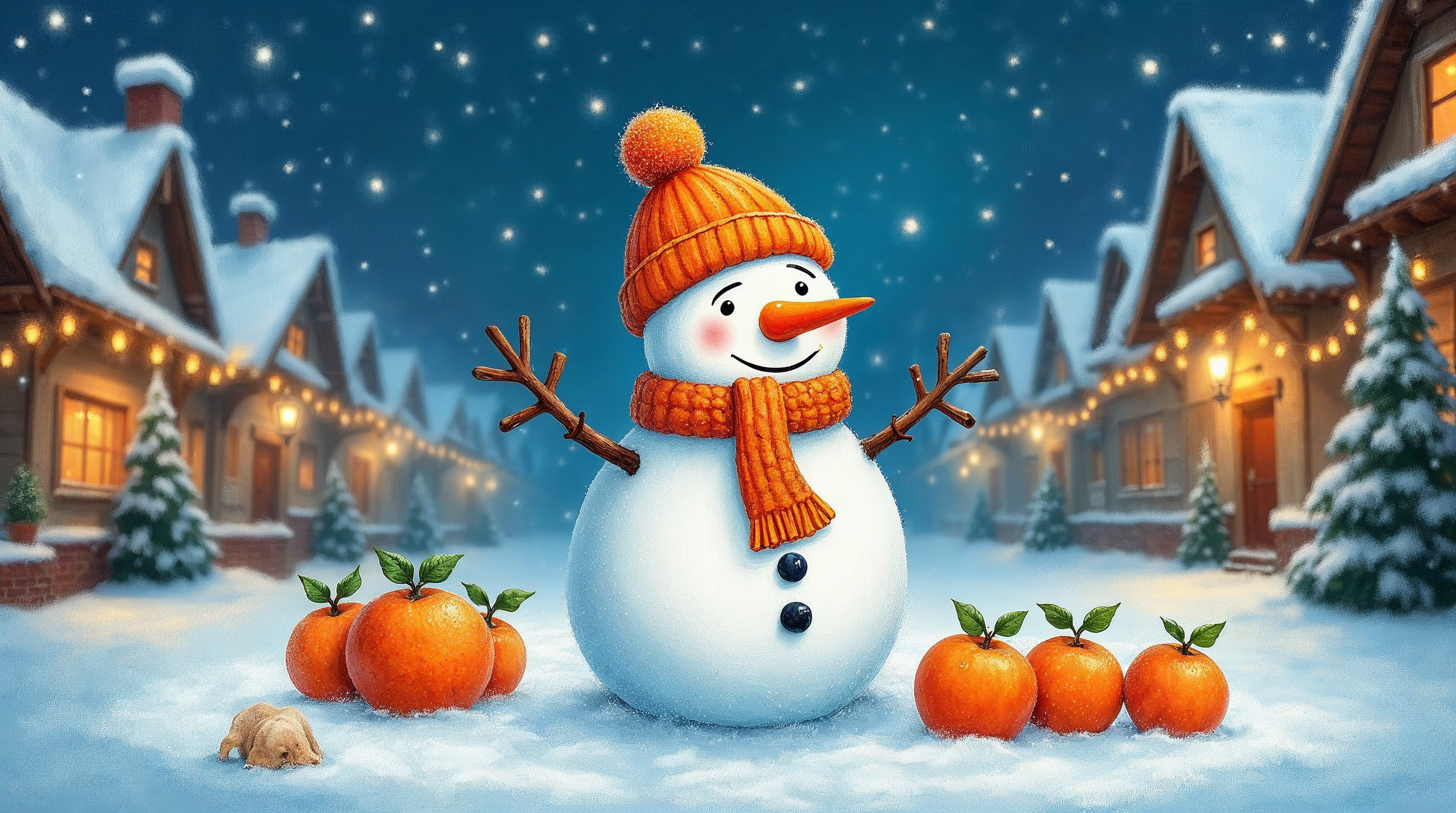 Snowman with pumpkins in snowy village Snowman with pumpkins in snowy village