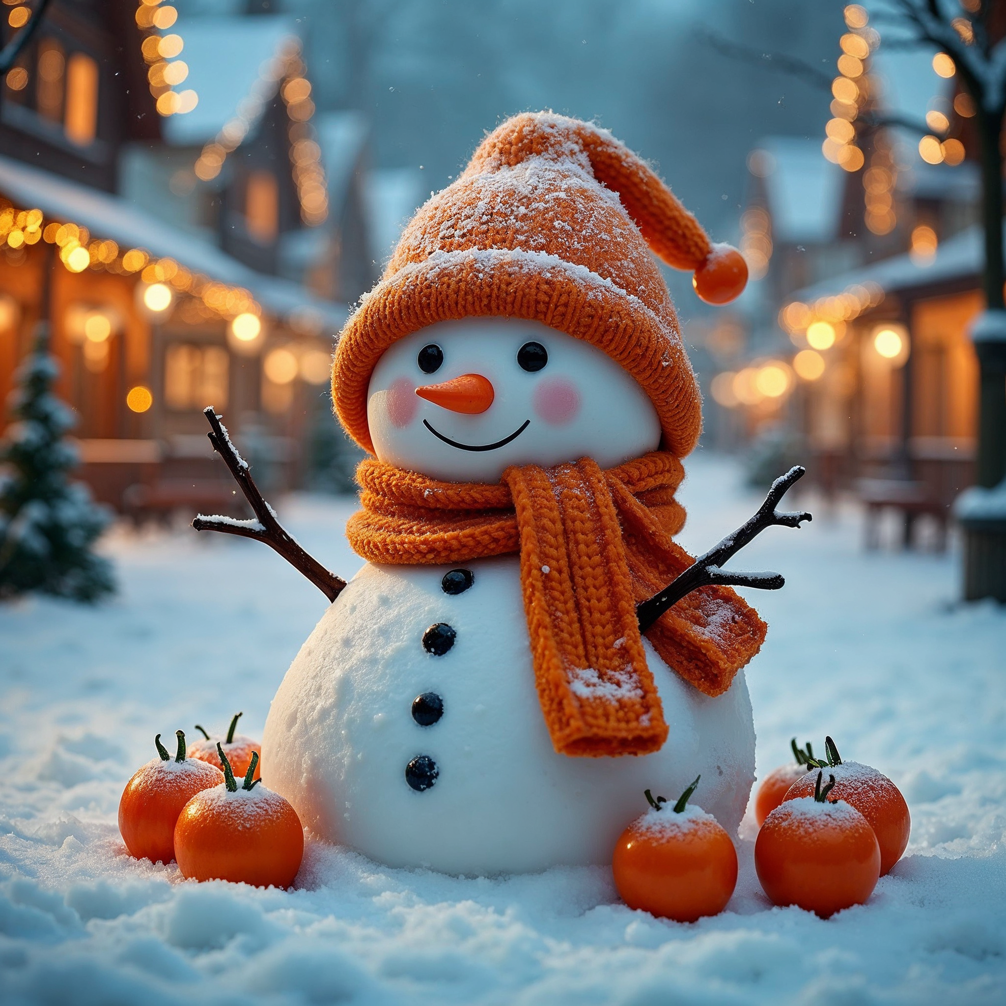 Snowman with oranges in snowy village Snowman with oranges in snowy village