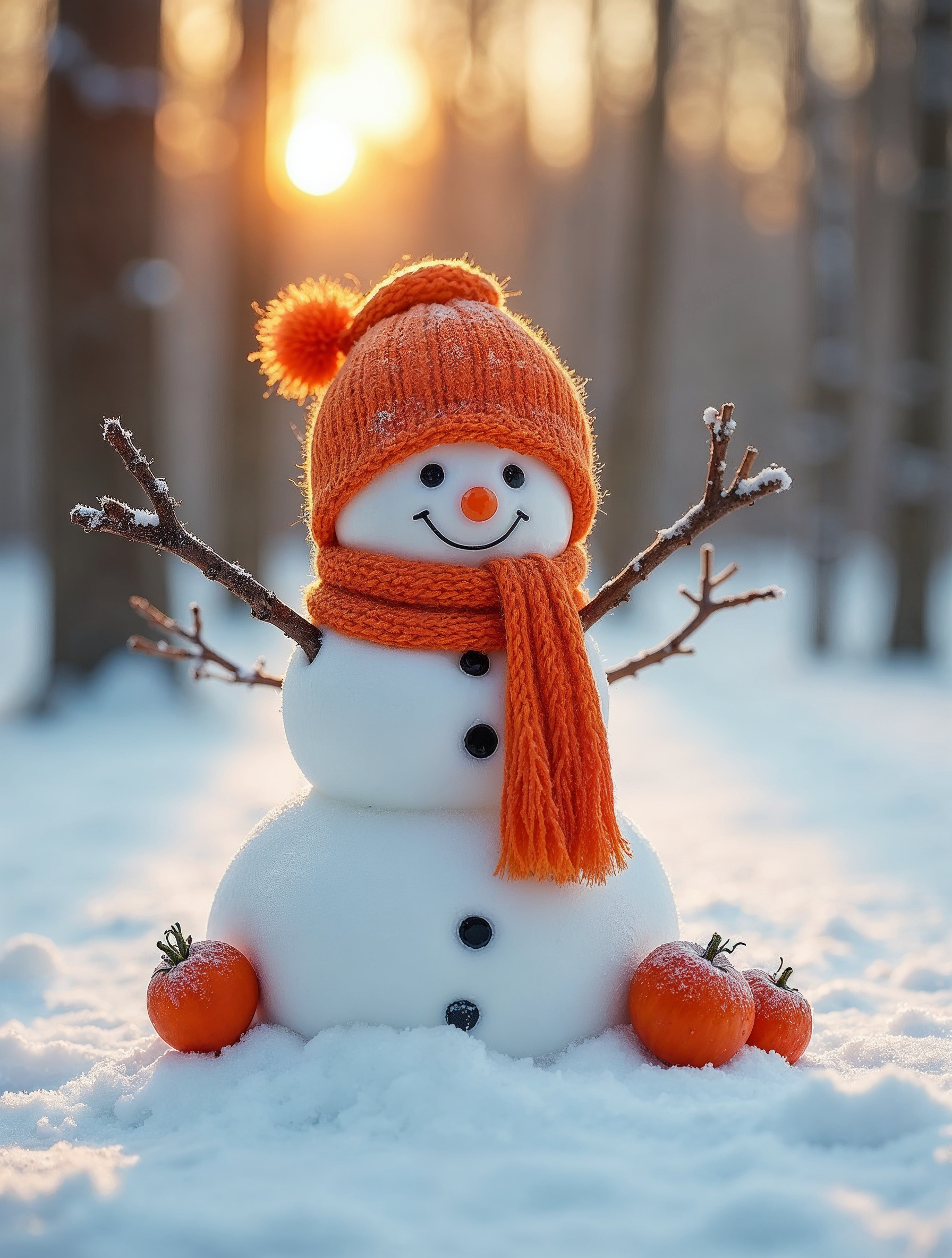 Snowman with orange scarf in snowy forest Snowman with orange scarf in snowy forest