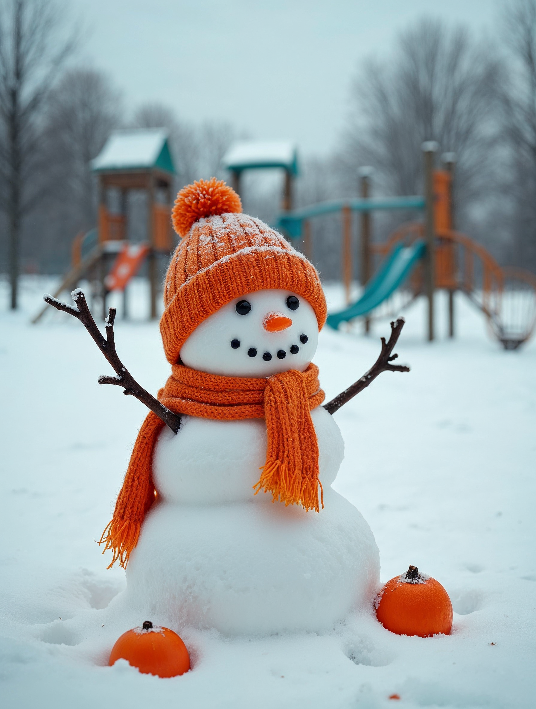 Snowman with orange hat scarf pumpkins Snowman with orange hat scarf pumpkins